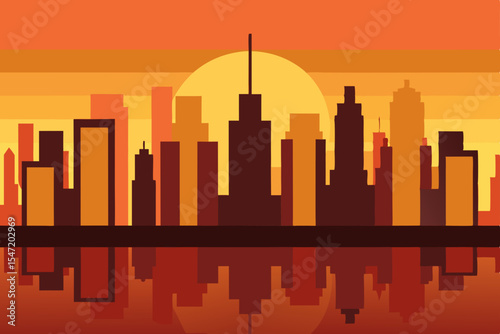 An urban American city skyline silhouette at sunset, featuring iconic buildings and architectural reflections