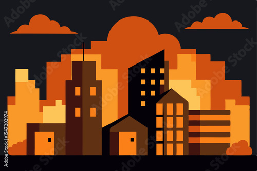 Sunset Cityscape Pixel Art Illustration of Urban Buildings at Dusk