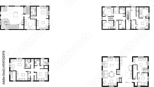 Architectural black and white home floor plan layout set, top view blueprint of residential apartments, rooms, bathrooms, kitchens, and living areas in vector drawing