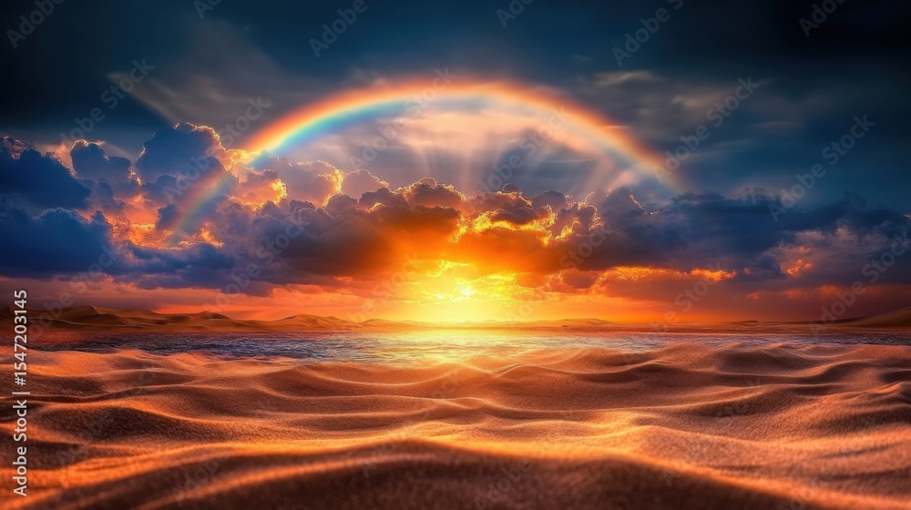 Obraz premium Mesmerizing rainbow arcs over desert dunes at sunset, creating a serene atmosphere with vibrant colors and soft sand ripples