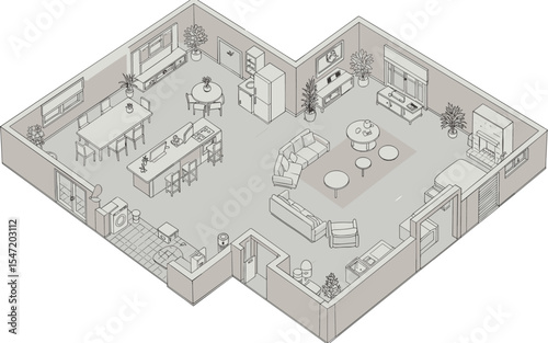 3D isometric home interior rendering, modern open concept living room, kitchen and dining area layout, furniture design plan, detailed architectural house visualization