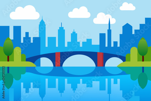 Urban skyline and cityscape illustration with buildings, skyscrapers, and a river reflection