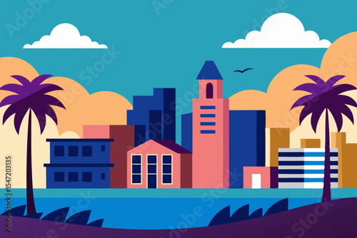 Vector illustration of a vibrant urban cityscape with diverse buildings and a clear sky, perfect for modern design