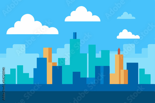 Dynamic urban city skyline vector illustration with modern architecture and towering skyscrapers against a vibrant sky