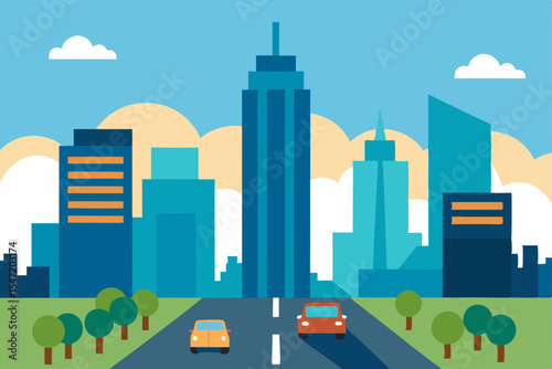 Urban cityscape with towering skyscrapers and modern architecture against a vibrant sky, illustrating a bustling town