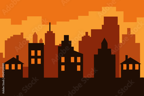 An urban cityscape silhouette at sunset with towering skyscrapers and architectural buildings