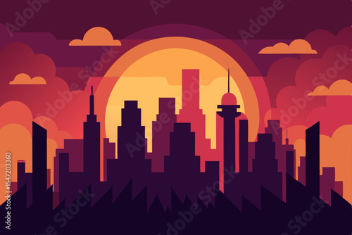 Seattle city skyline silhouette at sunset with urban skyscraper architecture