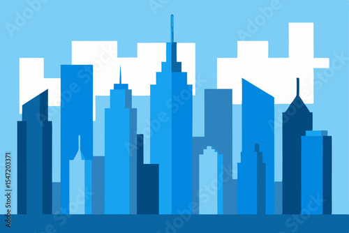 Abstract blue sky city skyline with urban buildings and office towers in a panoramic cityscape design
