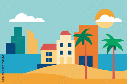 Coastal Cityscape Tropical Beach Buildings, Palm Trees, and Ocean View