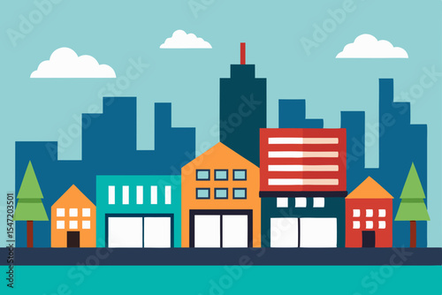 Urban design vector illustration set showing various city buildings, houses, and street architecture