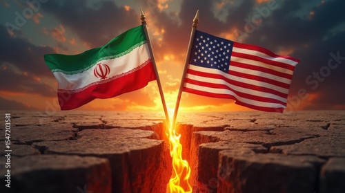 The flags of the US and Iran wave across a flaming crack in the earth, representing hostile relations and symbolic geopolitical confrontation