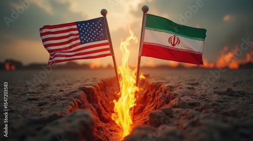 The flags of the US and Iran wave across a flaming crack in the earth, representing hostile relations and symbolic geopolitical confrontation