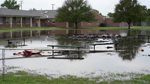 Schoolyard flooded during heavy rainfall floodwater covers playground equipment in outdoor school setting