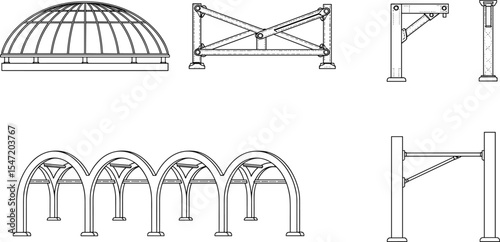 Architectural structural elements, dome, truss, support column, archway, construction detail illustration, engineering drawing, architecture components, technical sketch, black and white, CAD line art