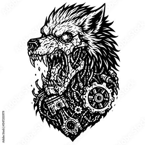 Mechanical Wolf Head Illustration - Cyberpunk Steampunk Animal Fusion Art

High-detail black and white illustration of a fierce mechanical wolf head combining organic animal features with steampunk