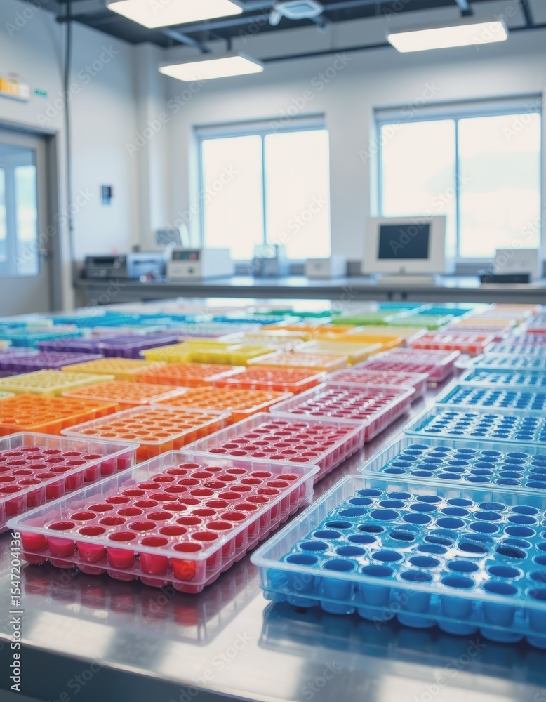 Naklejka premium Clean inspection room featuring colorful sample trays arranged neatly