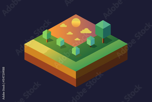 Isometric Sunset Landscape Low Poly Digital Art of a Serene Scene