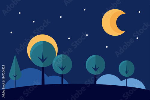 Moon and stars illuminate a dark night sky landscape with silhouetted trees