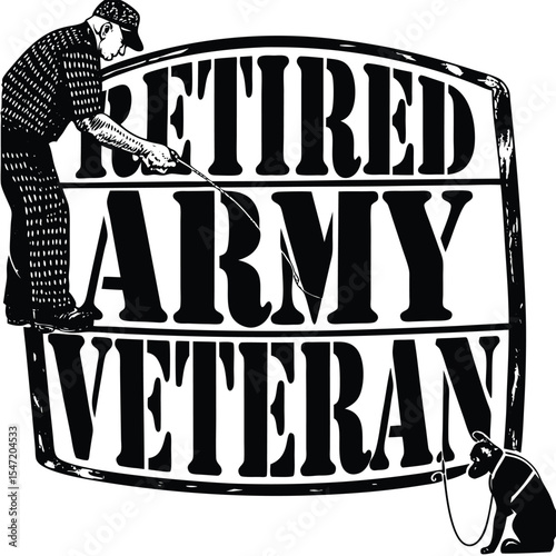 Blackand White Stylized Silhouette Retired Army Veteran Fishing Dog vector
