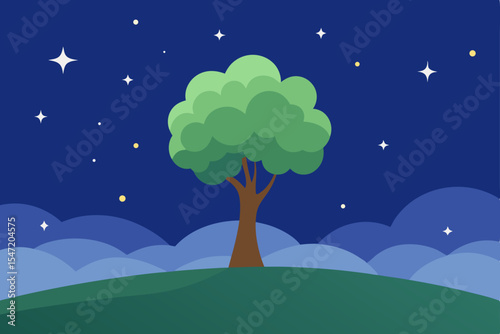 Night landscape featuring a lone tree on a grassy hill under a moonlit sky, illustrating the serene beauty of nature