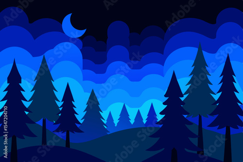 A vector illustration depicting a festive winter forest landscape with snow-covered pine trees, perfect for a Christmas holiday card design