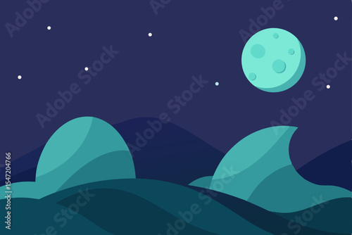 Moon and stars over a tranquil night sea landscape with a vector illustration