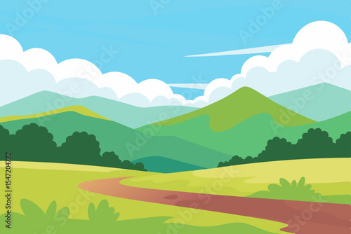 Summer mountain landscape with green fields and blue sky