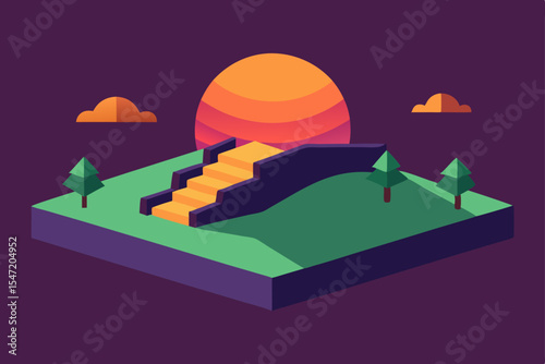 A mystical fairy tale castle stands silhouetted against the night sky, its towers reaching towards the moon, surrounded by a serene, green landscape with rolling hills and distant trees under a cloudy