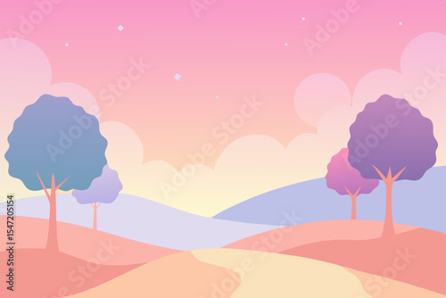 Vector illustration of a desert landscape with mountains, trees, and an orange sunset sky