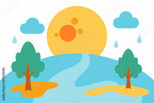 Serene Landscape Illustration Sun, Trees, and Gentle Rain