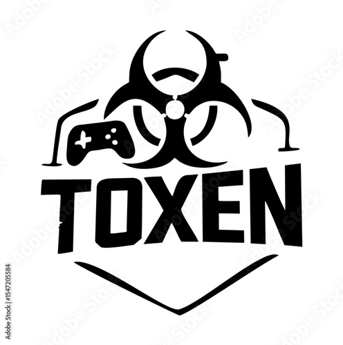 TOXEN Gaming Logo with Biohazard Emblem, Headset, and Game Controller,A bold and modern vector logo featuring the word “TOXEN” in uppercase stylized lettering. Above the text sits a striking biohazard