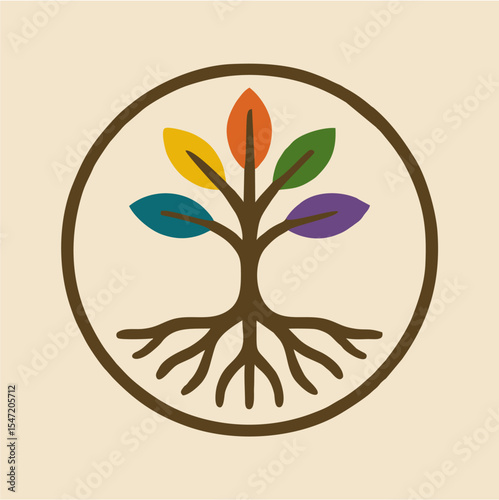 Colorful Tree Logo with Roots in Circular Emblem — Symbol of Growth and Diversity,A vibrant vector logo featuring a stylized tree with five multicolored leaves (orange, yellow, green, blue, and purple