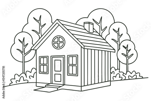 Small Green House with Trees Illustration