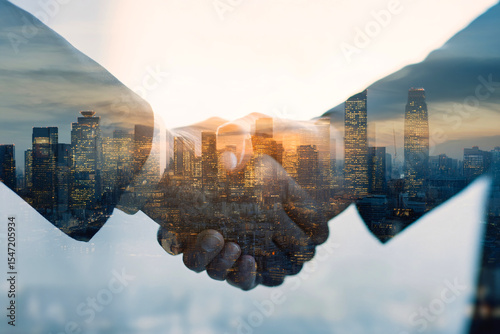 business deal handshake with skyline background, negotiation, partnership and growth symbolism