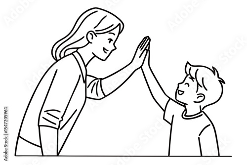 Mother and Son High Five Success Gesture Drawing