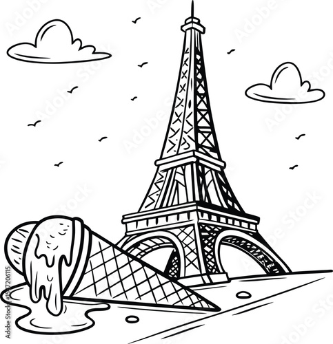 Eiffel Tower in Paris, France: iconic European travel landmark illustration