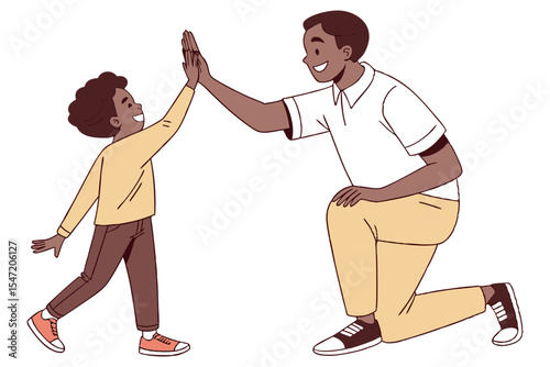 Young Dad Congratulating Son with High Five Drawing