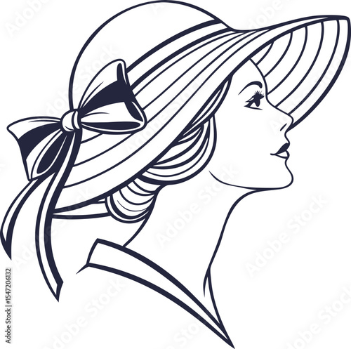 Beautiful vector illustration of a woman's face with a hat, showcasing her elegant profile and stylish hair, perfect for a fashion or beauty logo design