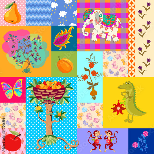 Cute monkeys, elephant, crocodile, butterflies and flowers on colorful scraps seamless patchwork pattern in vector. Fabric print for children.