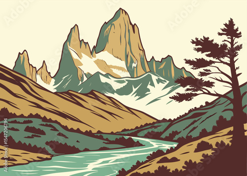 Monte Fitz Roy, Patagonia – Vector Mountain Illustration