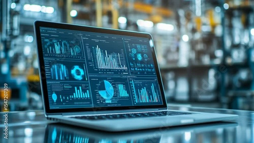 Industry 4.0: Laptop Displaying Real-Time Data Analytics in a Modern Factory Setting