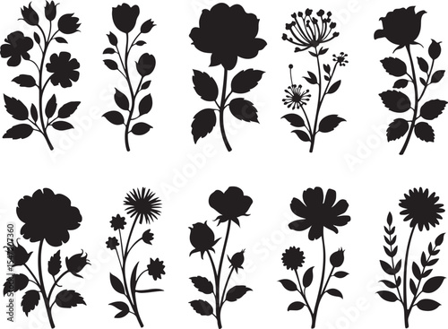 A set of ten individual flower and plant silhouettes, featuring roses, wildflowers, and various blossoms.