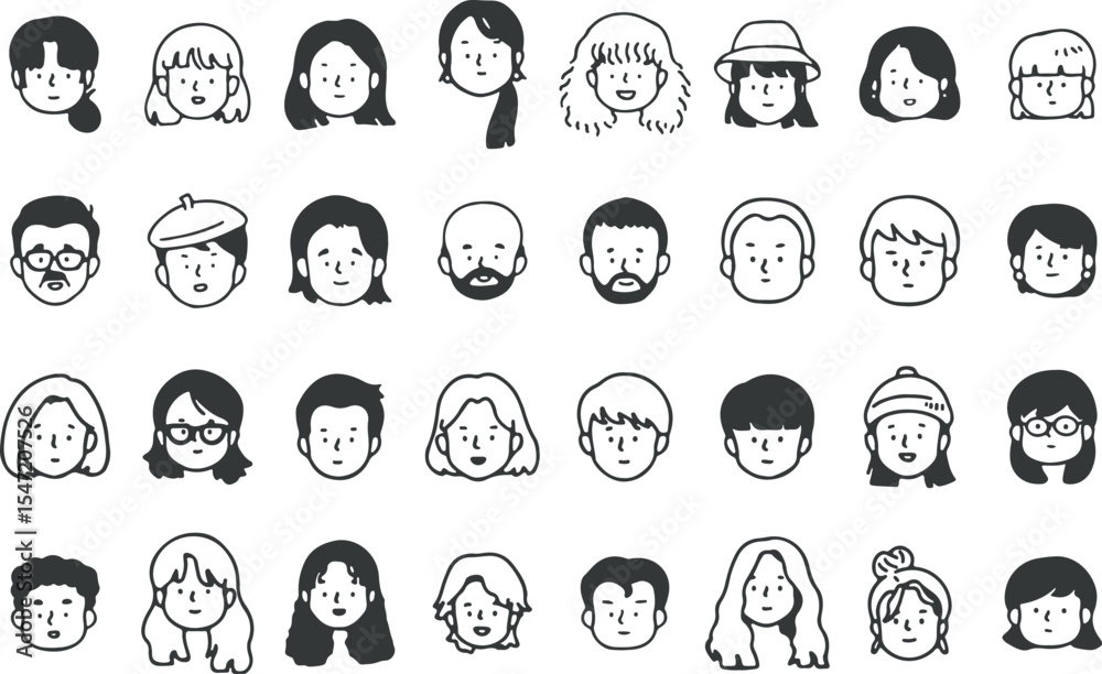 Cute Face Icon Set, Cartoon Avatar Pack, Headshot Doodle Faces, Hand Drawn Vector Collection, Transparent Background Cute Face Icon Set, Cartoon Avatar Pack, Headshot Doodle Faces, Hand Drawn Vector Collection, Transparent Background