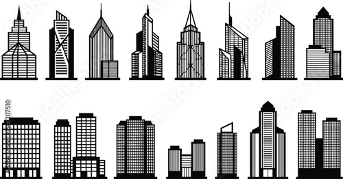 Modern city skyline silhouette of high-rise buildings, skyscrapers, office towers, architecture elements, urban development vector, cityscape design for business, real estate, infrastructure