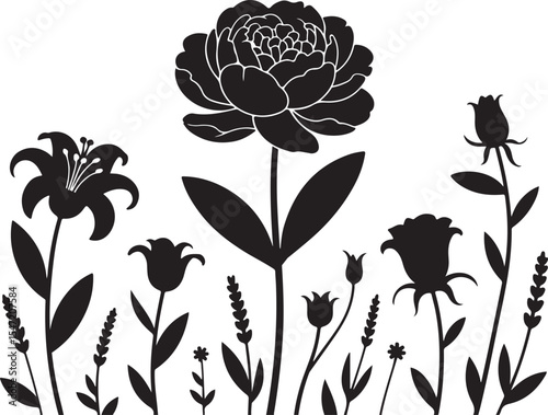 A striking silhouette illustration of a garden border featuring a large peony amidst other diverse flowers.