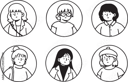 Profile Avatar Doodle Set with Boys and Girls in Circles, Hand Drawn Cartoon Icons, Black and White Vector, Transparent Background