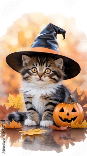Cute Halloween Cat in Witch Hat with Pumpkin