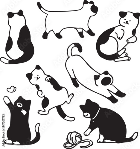 Dog and Cat Doodle Set, Hand Drawn Cute Pets in Cartoon Style, Black and White Vector Animal Collection, Transparent Background