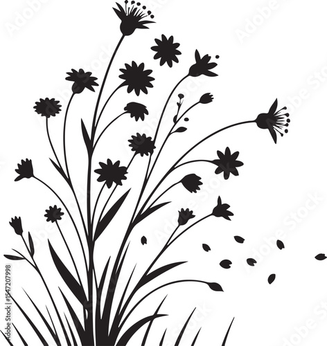A graceful silhouette illustration of wildflowers with some petals drifting in the wind.