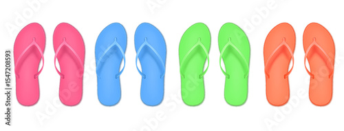 Realistic flip flop set, colored summer slippers. design template of summer beach